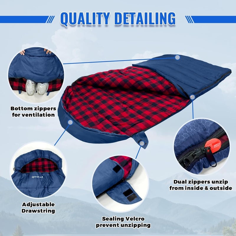 Keencamp 0 Degree Sleeping Bag Cotton Flannel Winter Cold Weather for Adults XXL Sleeping Bag 4 Season Big and Tall with Pillow Compression Sack - Image 4